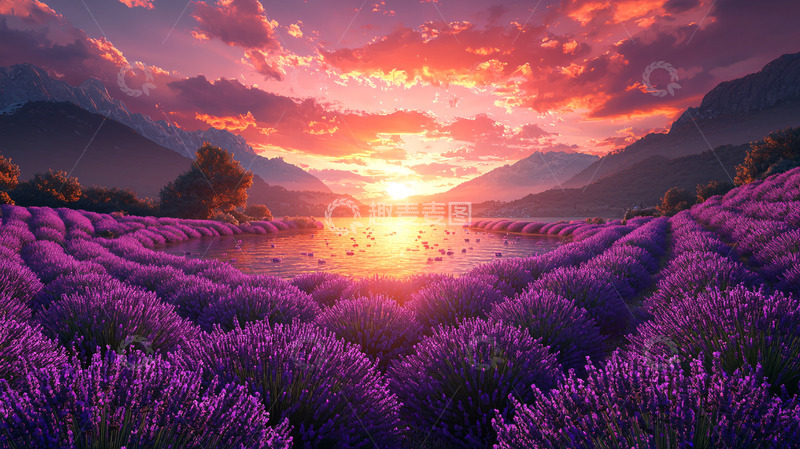 高清大图下载【趣麦麦图】落日余晖下的薰衣草田