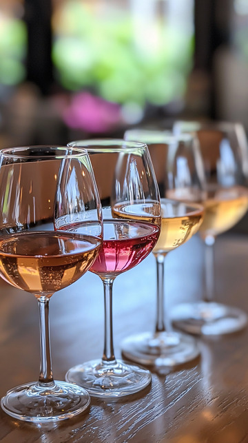 四杯玫瑰酒排列在木桌上