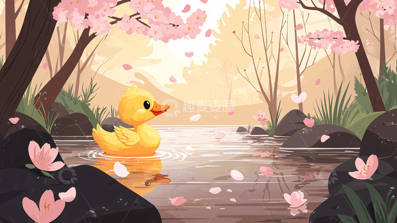 高清大图下载【趣麦麦图】小鸭子在樱花树下的小河里游泳