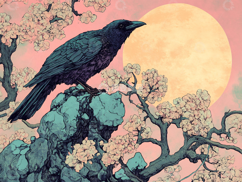 高清大图下载【趣麦麦图】乌鸦与樱花月亮