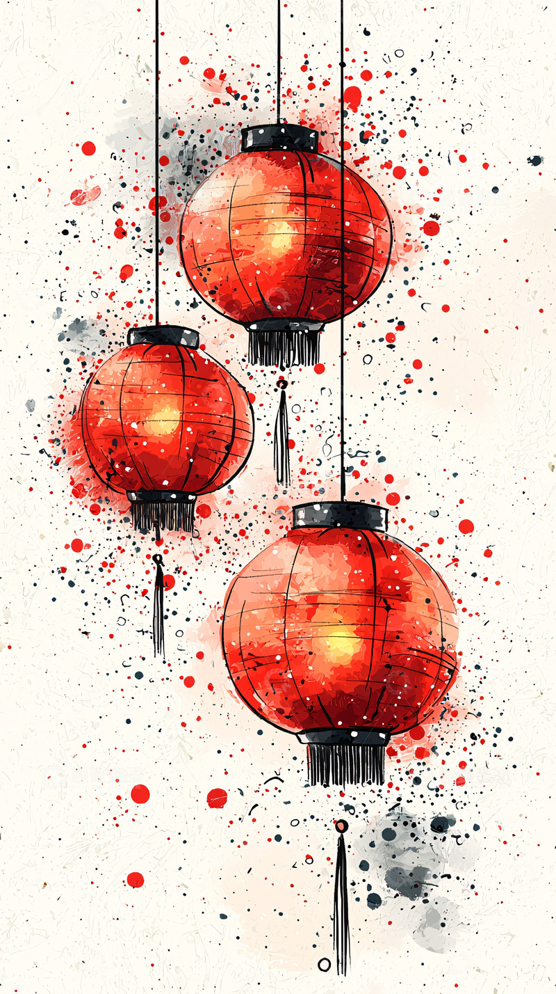 高清大图下载【趣麦麦图】红色灯笼水墨风格绘画