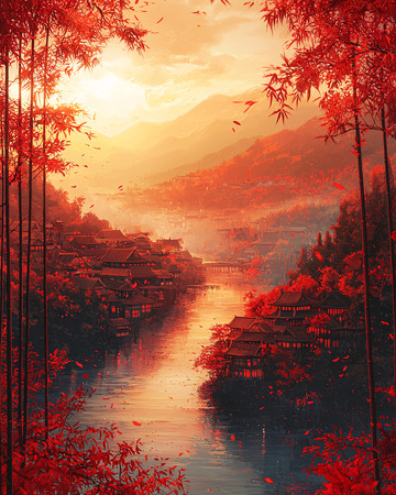 红枫秋景山河图