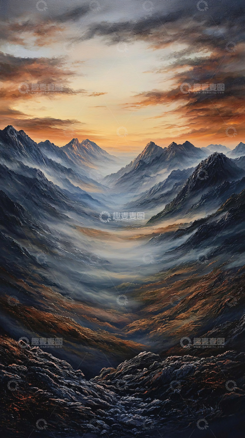 高清大图下载【趣麦麦图】山谷日落雾气缭绕