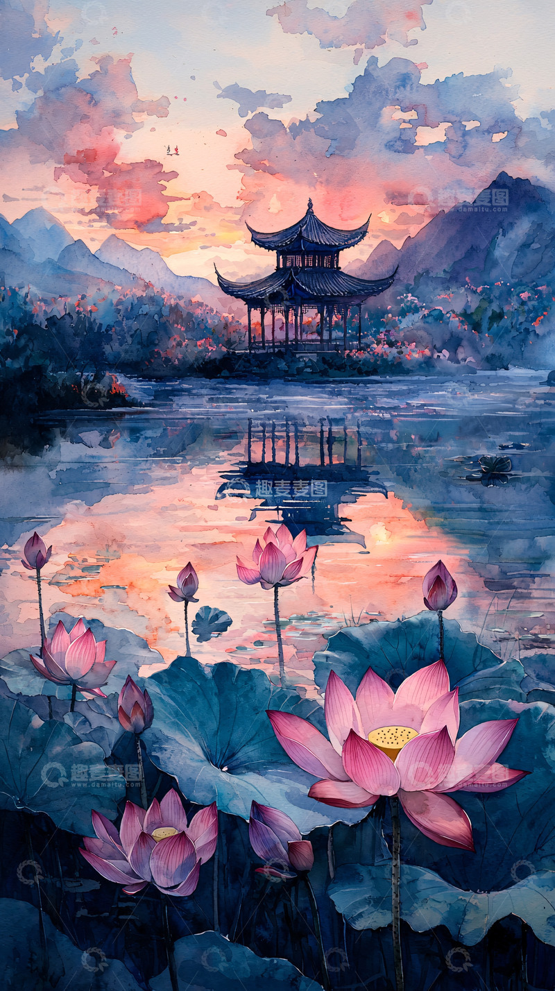 高清大图下载【趣麦麦图】水墨画风的荷塘亭台楼阁