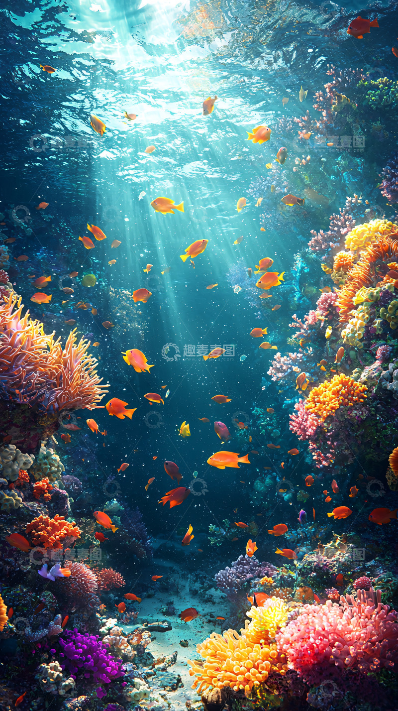 高清大图下载【趣麦麦图】阳光透过海水照射珊瑚礁