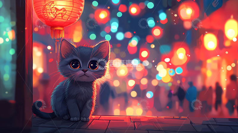 高清大图下载【趣麦麦图】小猫夜景红灯笼