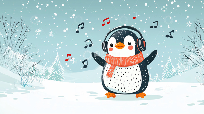 高清大图下载【趣麦麦图】戴耳机唱歌的企鹅