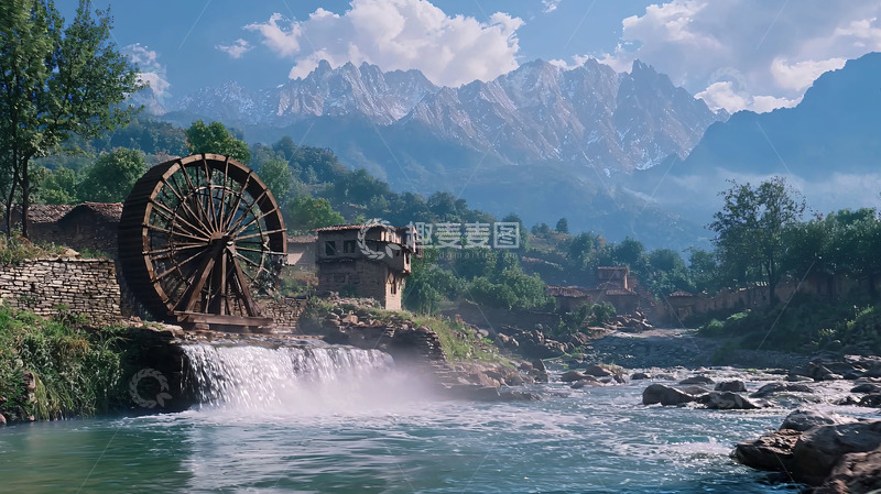 高清大图下载【趣麦麦图】山间水车古村落