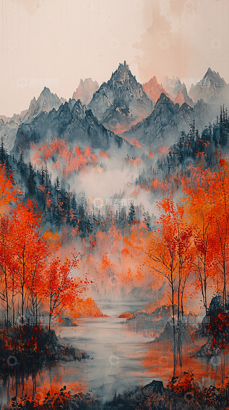 高清大图下载【趣麦麦图】秋日山林水彩画