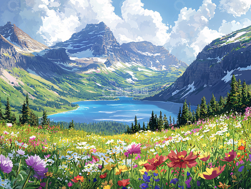 高清大图下载【趣麦麦图】高山湖泊鲜花盛开