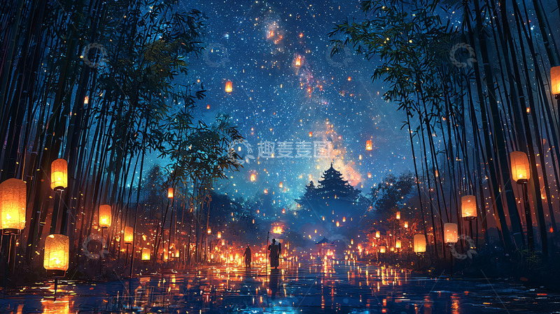 高清大图下载【趣麦麦图】梦幻竹林夜景