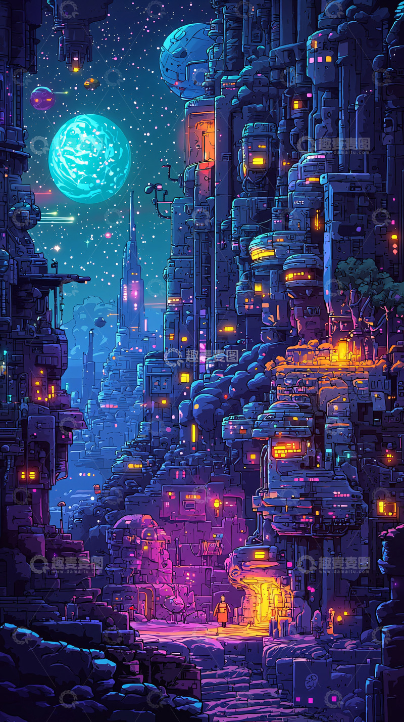 高清大图下载【趣麦麦图】像素风未来都市夜景
