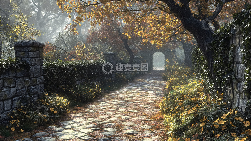 高清大图下载【趣麦麦图】秋日石子路花园景色