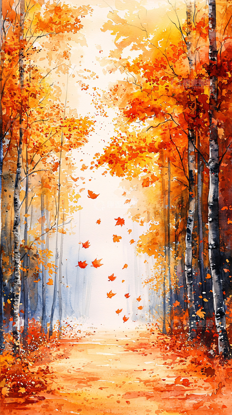 高清大图下载【趣麦麦图】秋日森林水彩画1