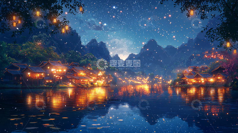 高清大图下载【趣麦麦图】梦幻星空下的水上村庄