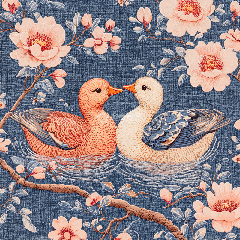 高清大图下载【趣麦麦图】蓝底粉色花朵鸳鸯戏水图