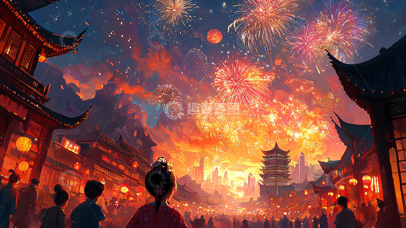 高清大图下载【趣麦麦图】中式烟花夜景