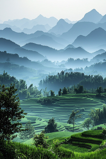 层层梯田梦幻蓝山