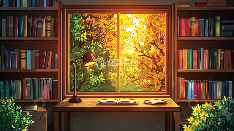 高清大图下载【趣麦麦图】书房窗外秋色