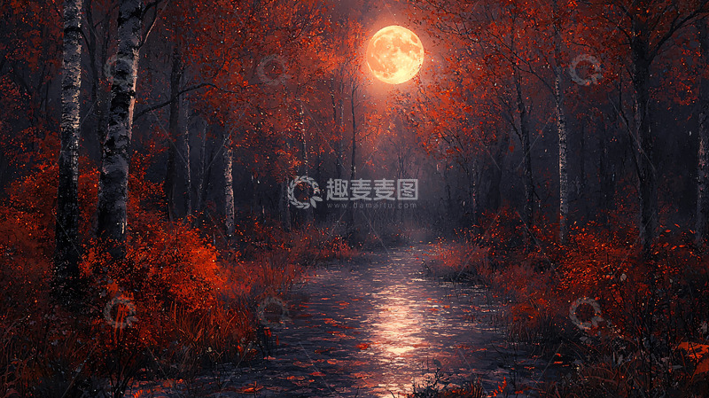 高清大图下载【趣麦麦图】秋夜森林小溪月色