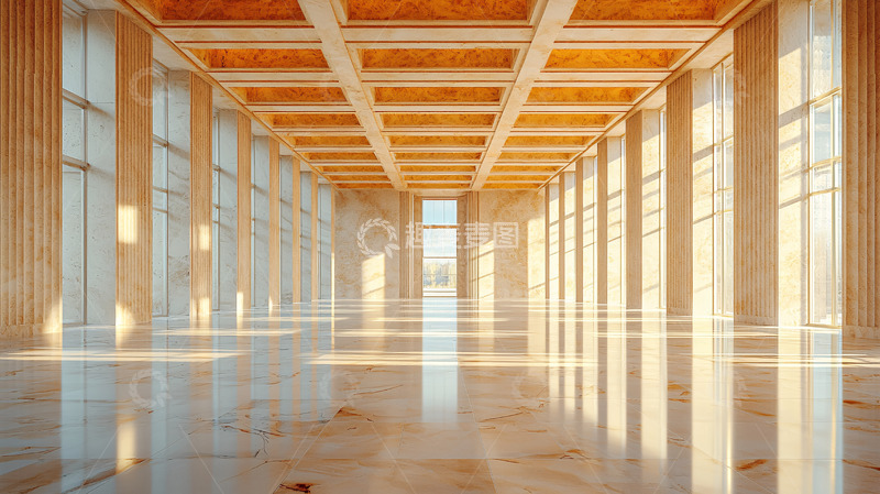 高清大图下载【趣麦麦图】明亮宽敞的木质走廊