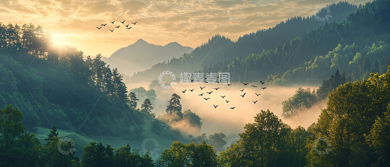 高清大图下载【趣麦麦图】清晨山峦薄雾鸟群