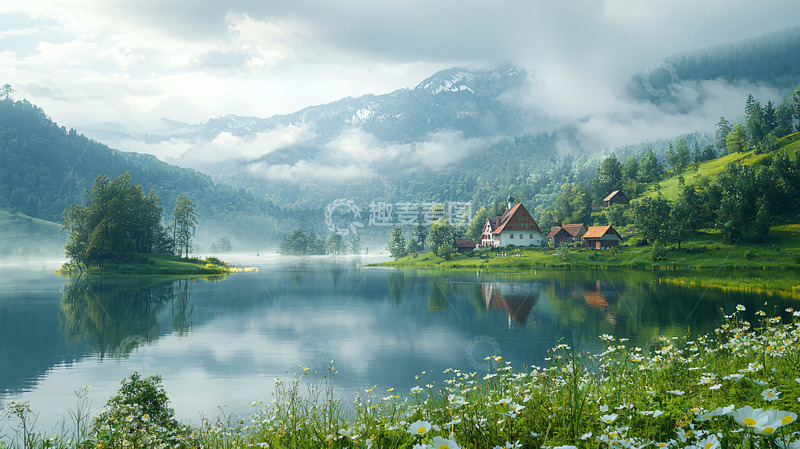 高清大图下载【趣麦麦图】山间湖泊小屋晨雾
