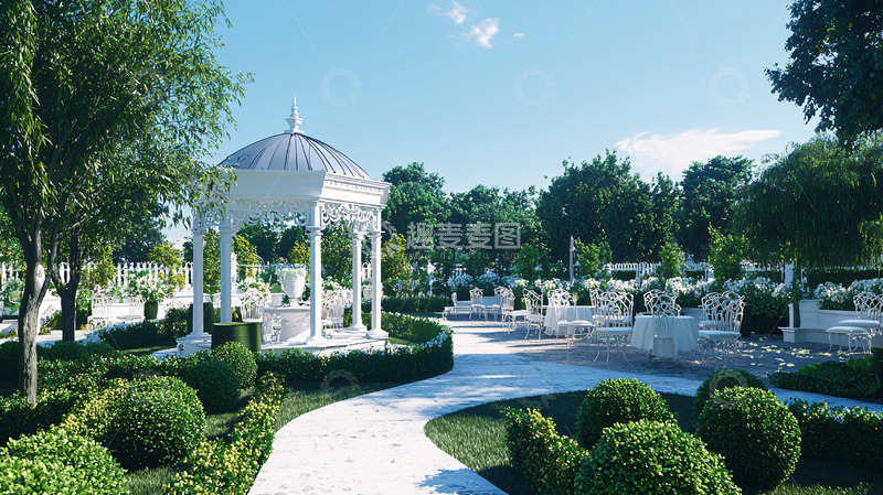 高清大图下载【趣麦麦图】白色凉亭花园景色