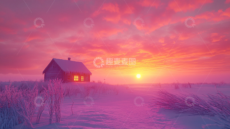 高清大图下载【趣麦麦图】粉色日落雪景小屋