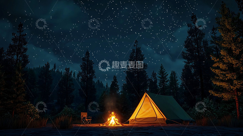 高清大图下载【趣麦麦图】星空下篝火旁的帐篷