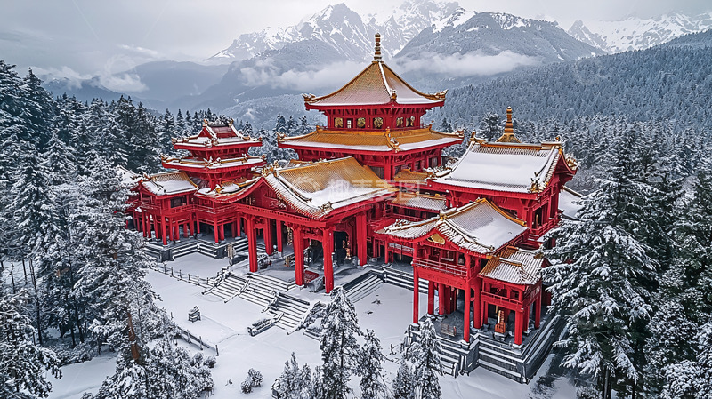 高清大图下载【趣麦麦图】雪景下的红色寺庙