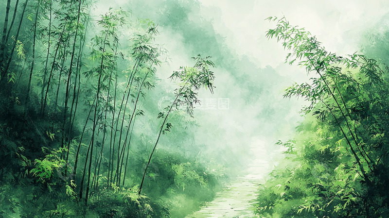 高清大图下载【趣麦麦图】雾气朦胧的竹林小径