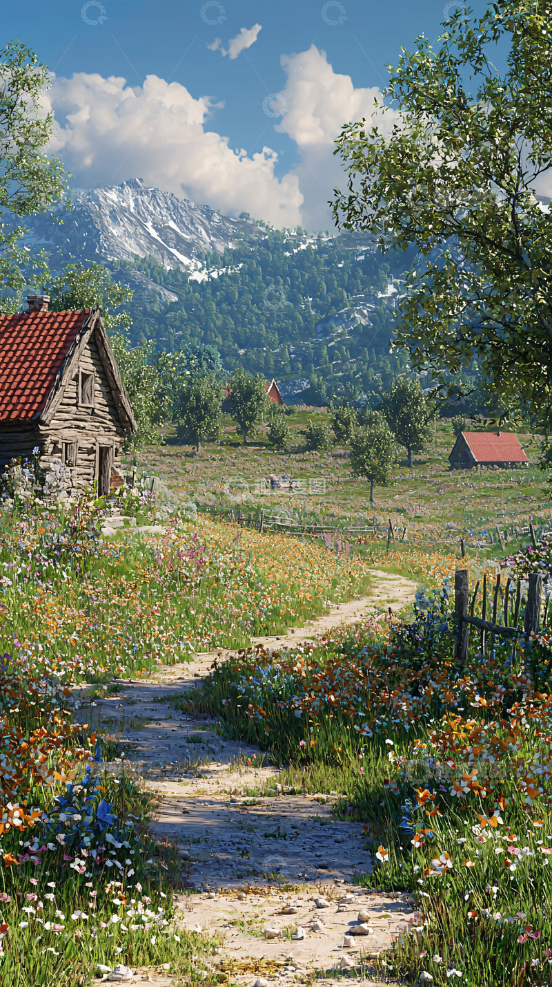 高清大图下载【趣麦麦图】山间小屋花田小路