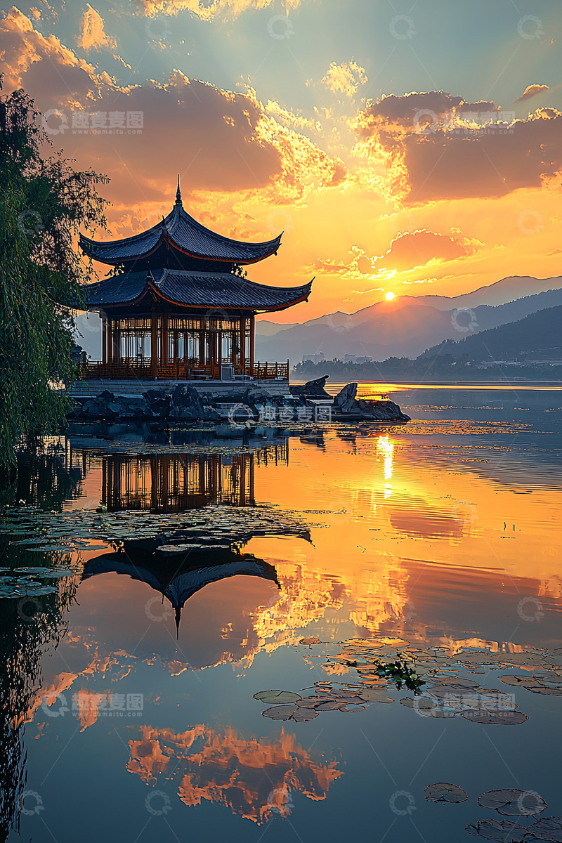 高清大图下载【趣麦麦图】夕阳西下湖边亭台