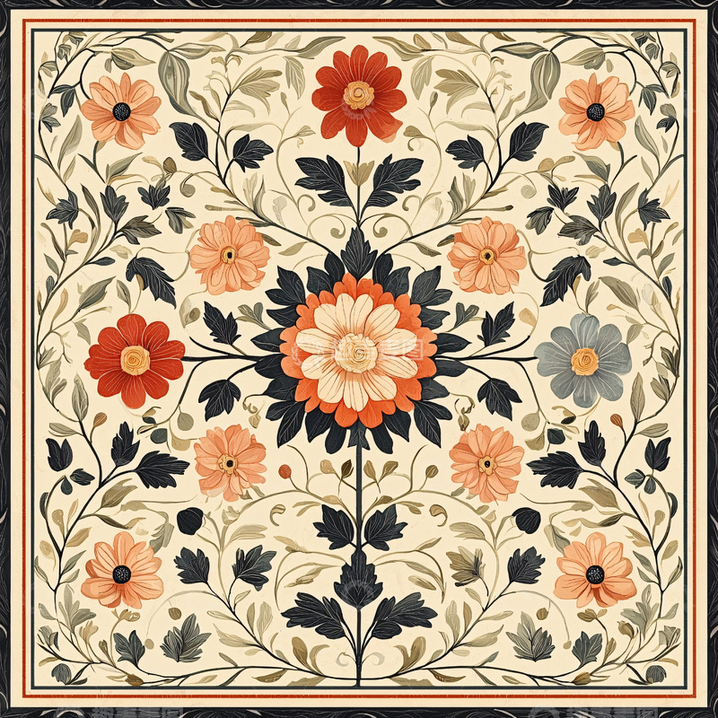 高清大图下载【趣麦麦图】复古花卉对称图案