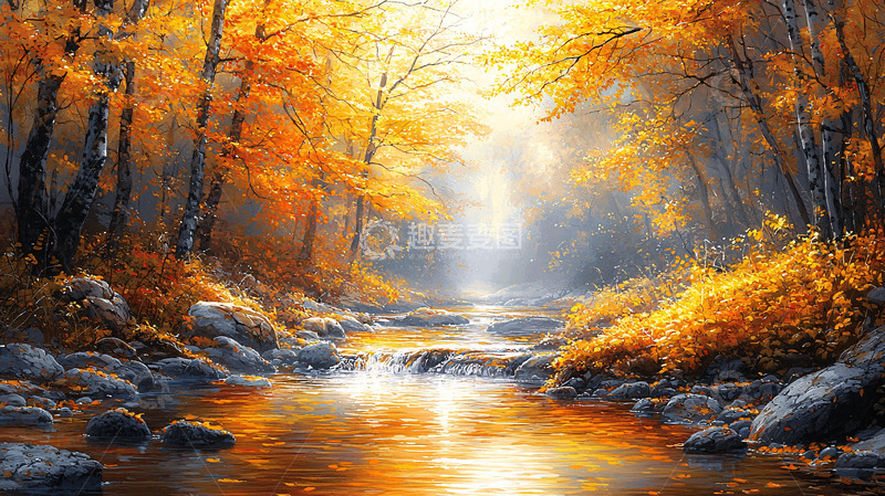 高清大图下载【趣麦麦图】秋日森林溪流阳光