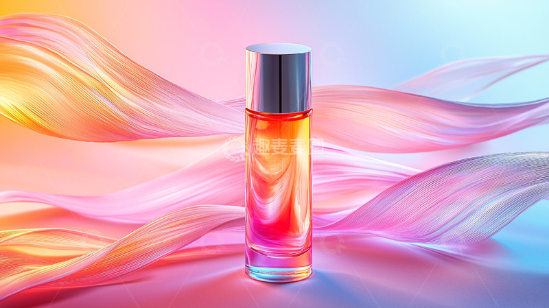 高清大图下载【趣麦麦图】彩色光晕背景中的香水瓶