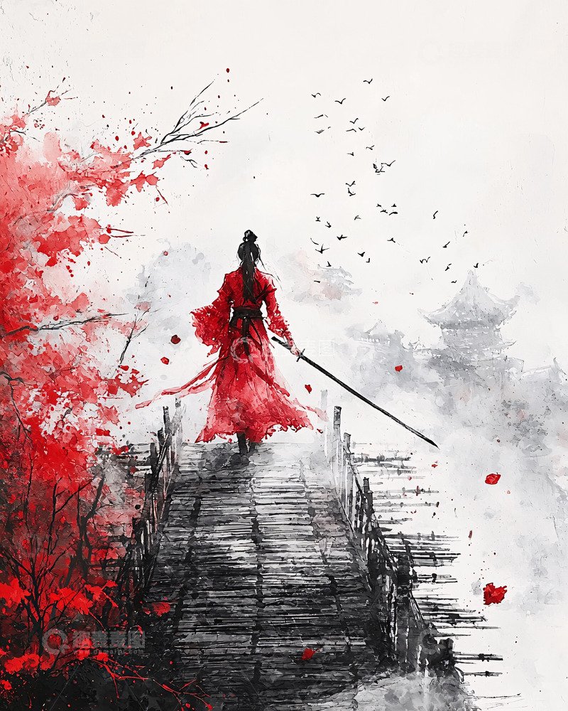 高清大图下载【趣麦麦图】红衣女子持剑走过木桥
