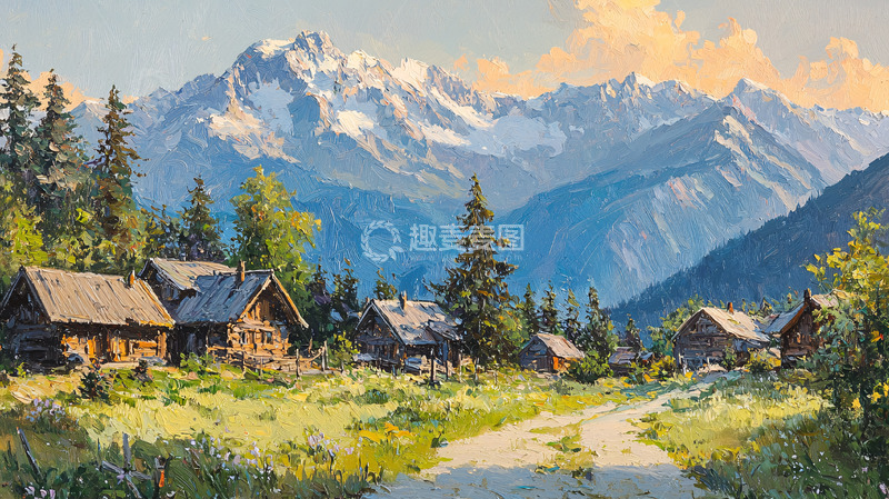 高清大图下载【趣麦麦图】雪山下的木屋村庄