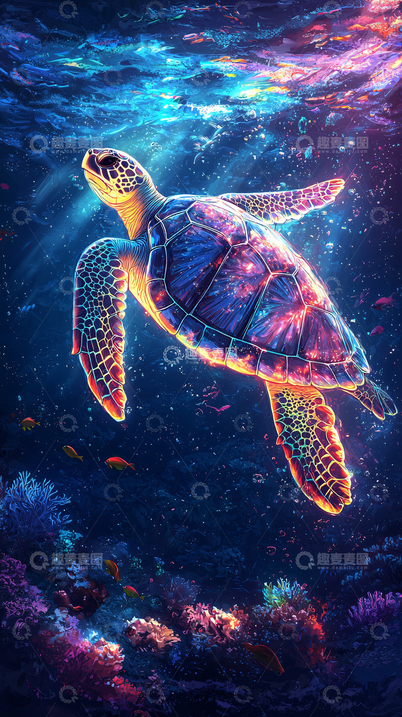高清大图下载【趣麦麦图】深海中色彩斑斓的海龟