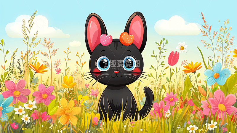 高清大图下载【趣麦麦图】可爱黑猫花田