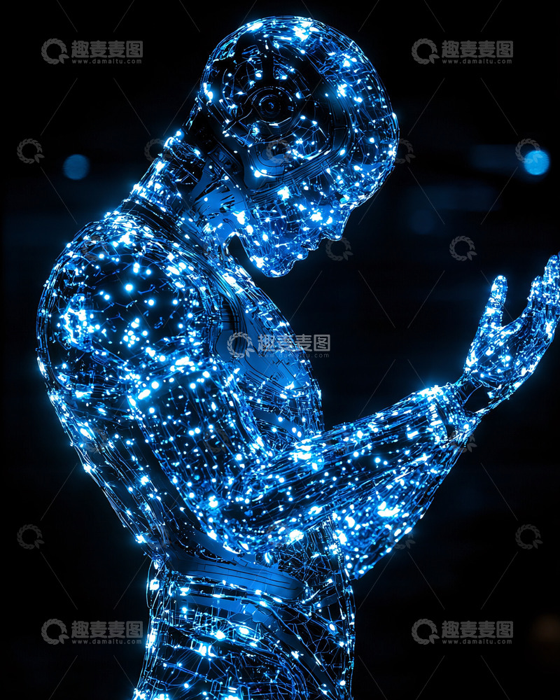 高清大图下载【趣麦麦图】发光蓝色人型机器人