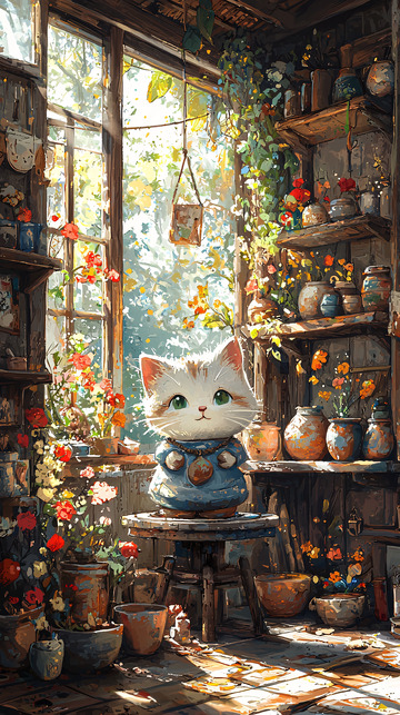 阳光洒落花店猫咪