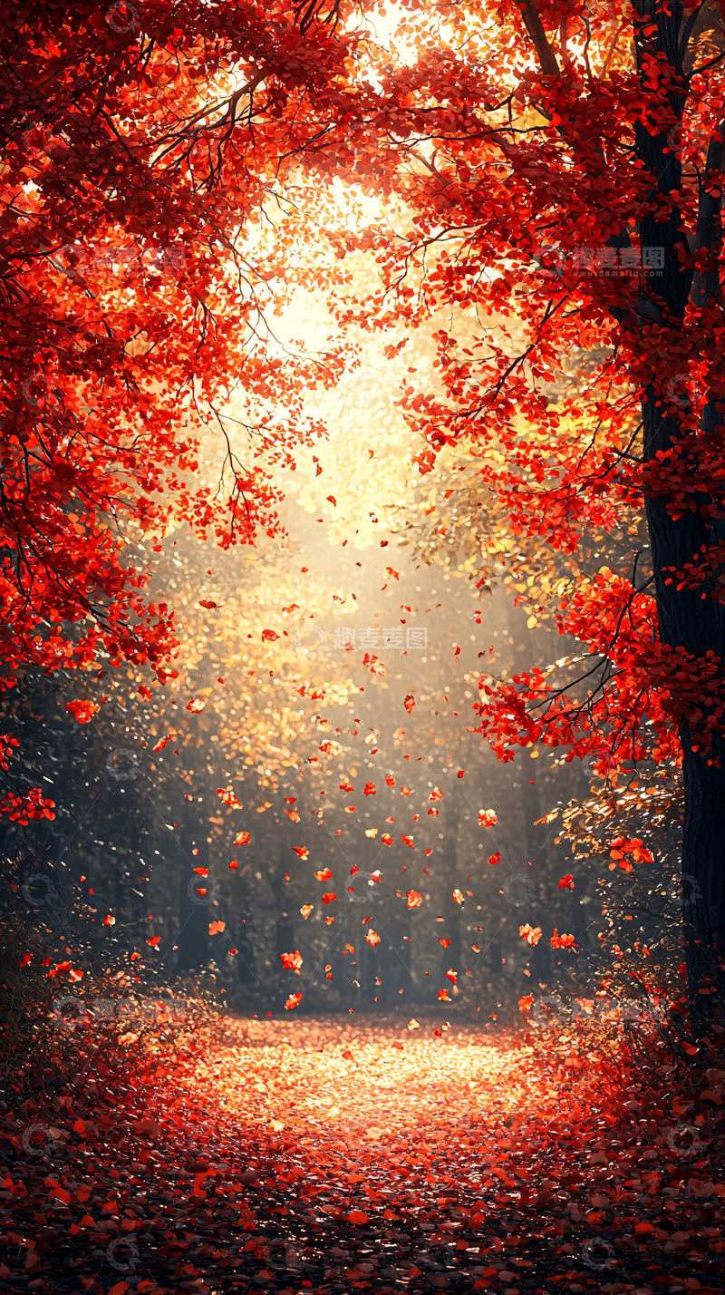 高清大图下载【趣麦麦图】秋日红叶森林小路
