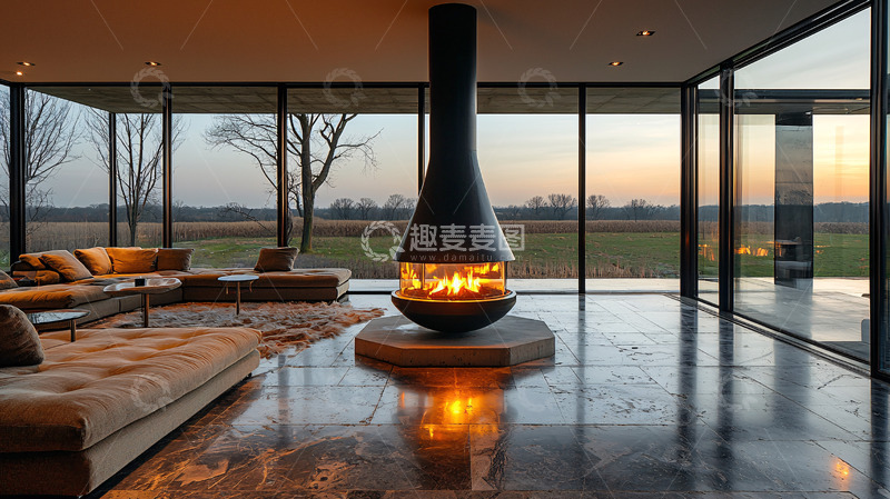 高清大图下载【趣麦麦图】现代客厅落地窗壁炉