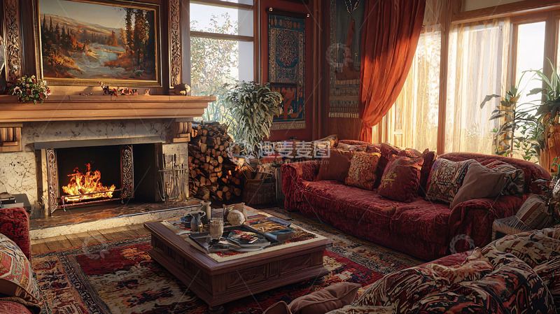 高清大图下载【趣麦麦图】温暖舒适的客厅壁炉