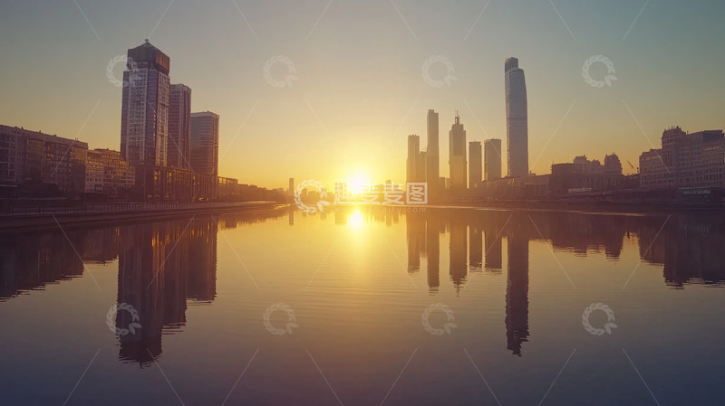 高清大图下载【趣麦麦图】日出城市倒影