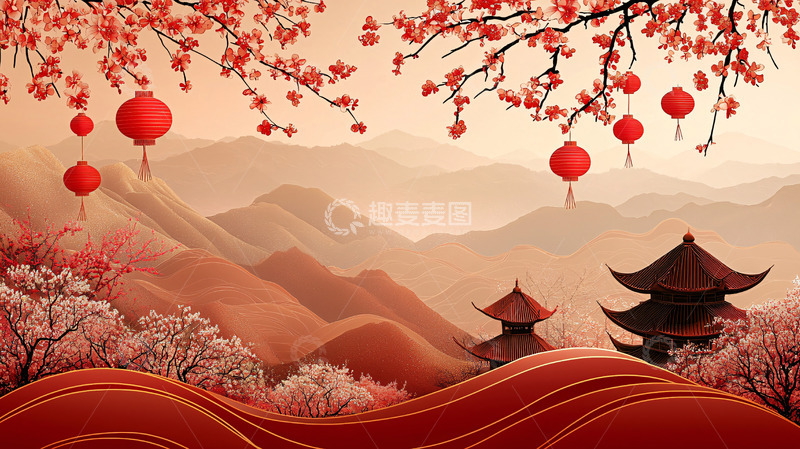 高清大图下载【趣麦麦图】红梅山景中国风意境图