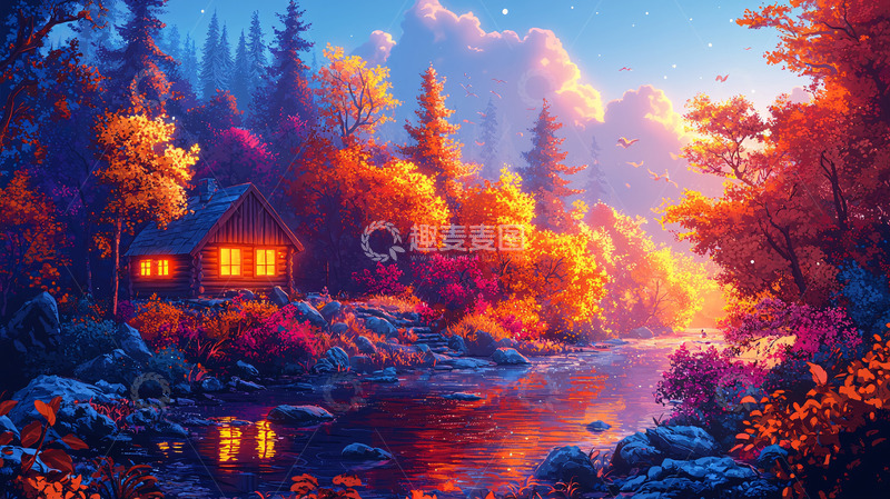 高清大图下载【趣麦麦图】秋日森林小屋