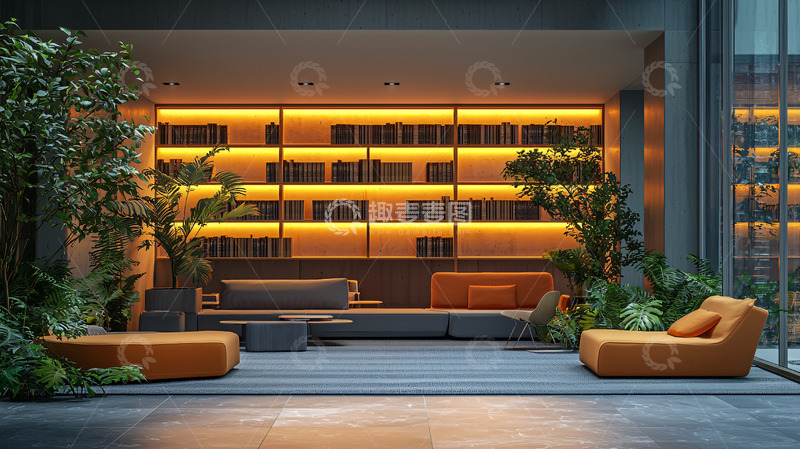 高清大图下载【趣麦麦图】室内植物环绕的书架休息区